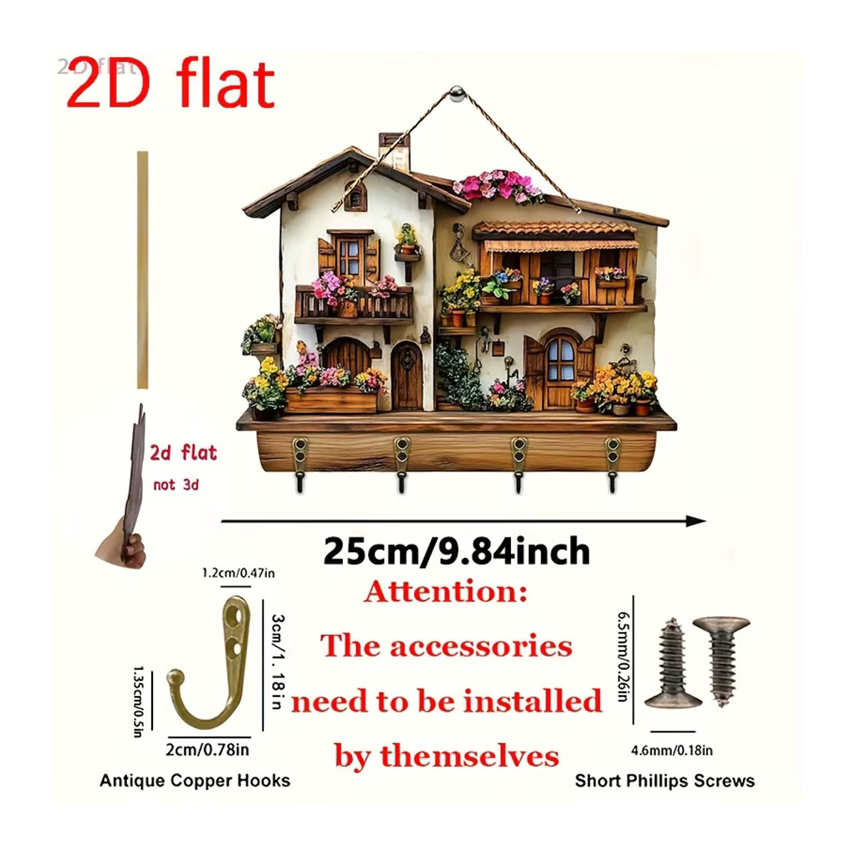 Multifunktionaler Wandkleiderhaken aus Holz mit floralem Design und vier Metallhaken in Mehrfarbig, Wanddekoration im Landhausstil - Bild 6