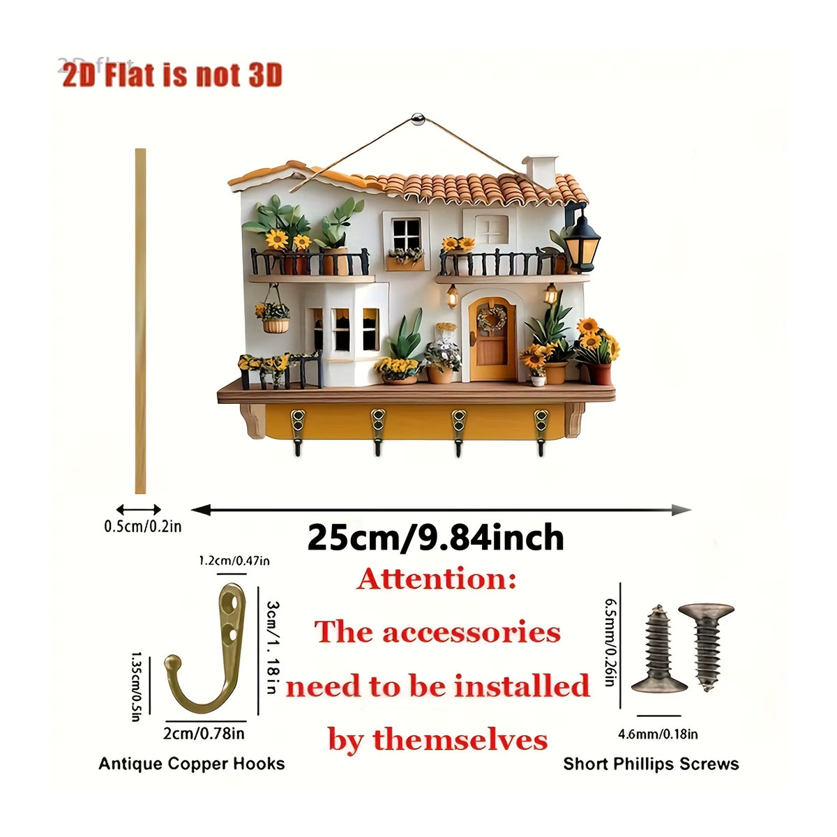 Multifunktionaler Wandkleiderhaken aus Holz mit floralem Design und vier Metallhaken in Mehrfarbig, Wanddekoration im Landhausstil - Bild 7
