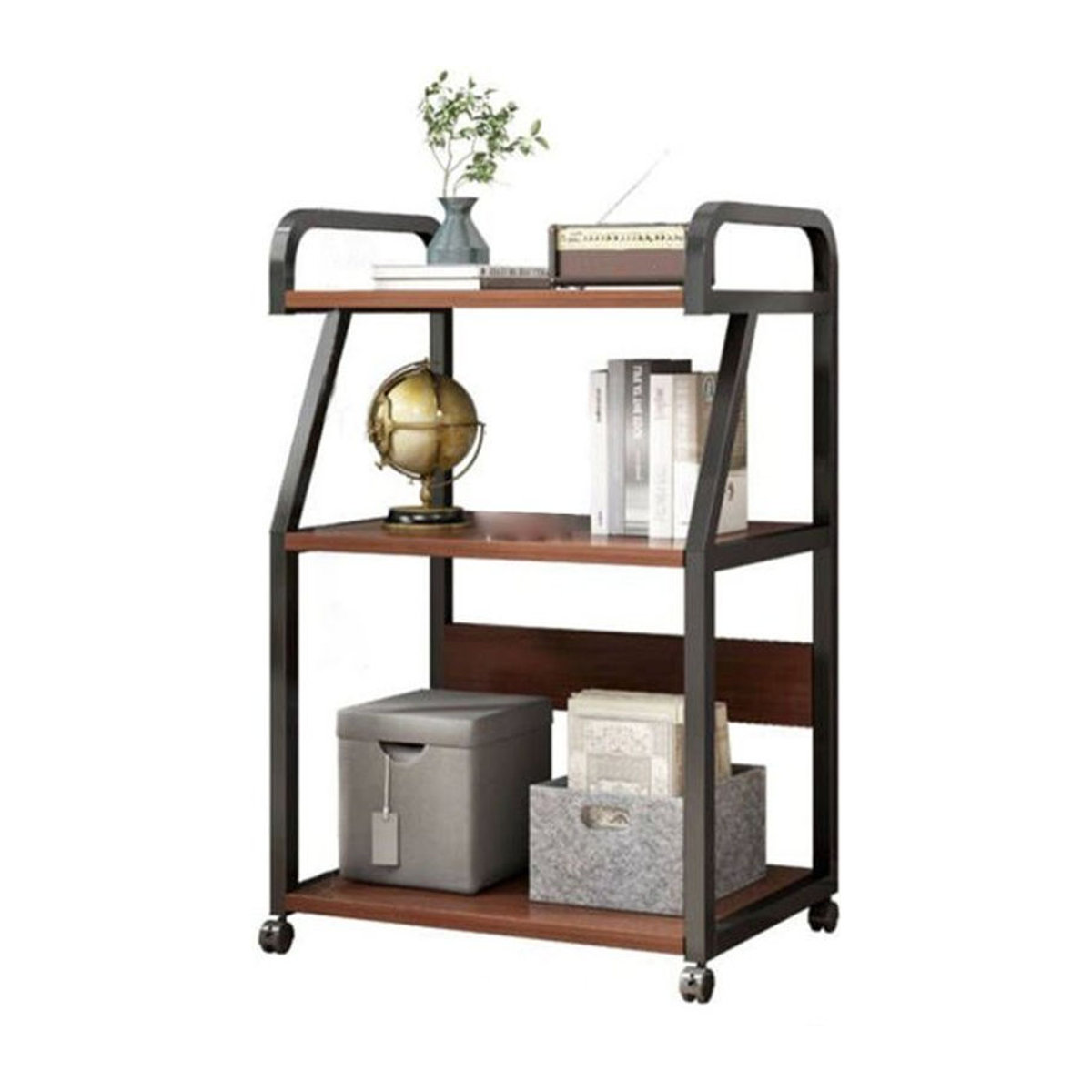 Multifunktionales 3-lagiges Druckerregal aus Holzwerkstoff in Nussbaum im Industrial-Design mit Rollen und freistehender Bauweise - Bild 1