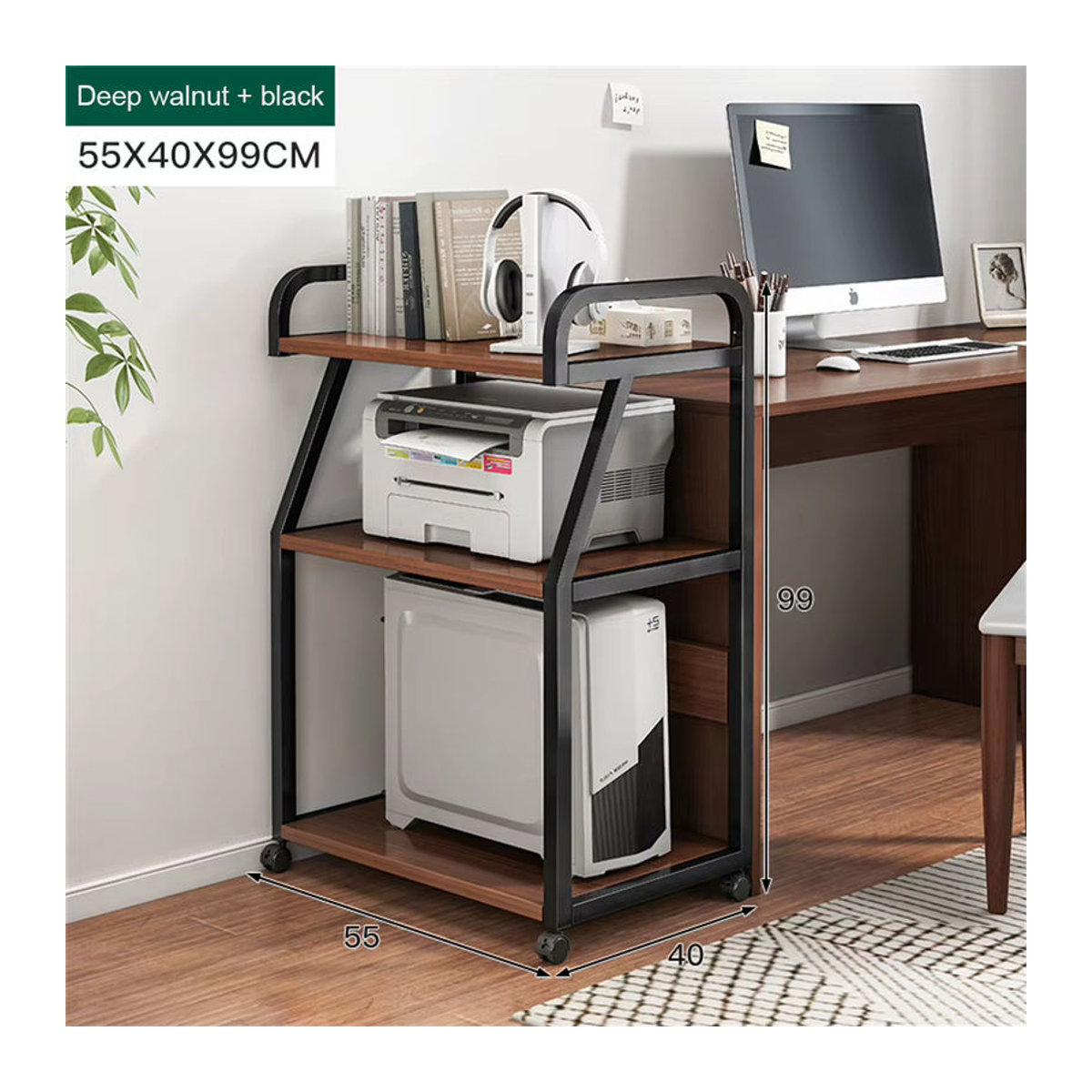Multifunktionales 3-lagiges Druckerregal aus Holzwerkstoff in Nussbaum im Industrial-Design mit Rollen und freistehender Bauweise - Bild 2