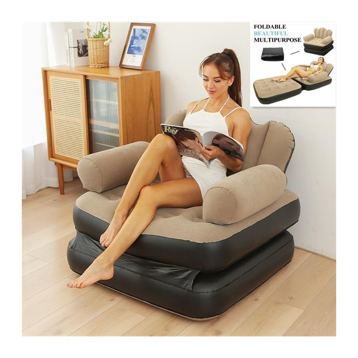 Multifunktionales 5-in-1 aufblasbares Outdoor-Sofa von AZULBLANCO in Blau-Weiß als faltbarer Lounge-Stuhl und Strandsofa für Erwachsene - Bild 1