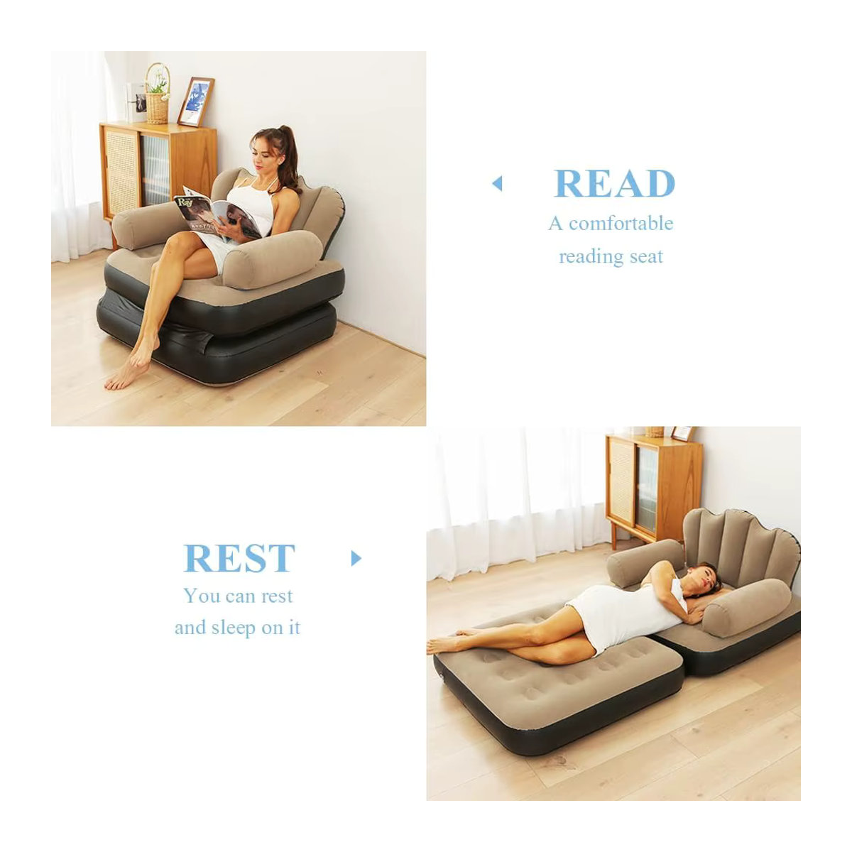 Multifunktionales 5-in-1 aufblasbares Outdoor-Sofa von AZULBLANCO in Blau-Weiß als faltbarer Lounge-Stuhl und Strandsofa für Erwachsene - Bild 4