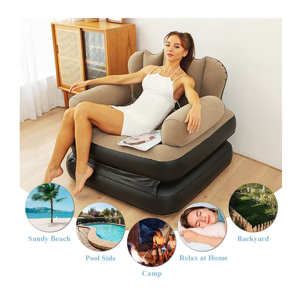 Multifunktionales 5-in-1 aufblasbares Outdoor-Sofa von AZULBLANCO in Blau-Weiß als faltbarer Lounge-Stuhl und Strandsofa für Erwachsene - Bild 5
