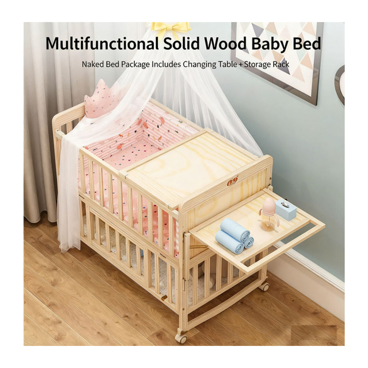 Multifunktionales 5-in-1 Babybett aus Kiefernholz in Natur im skandinavischen Design, umwandelbar als Schaukelbett und Schreibtisch - Bild 1
