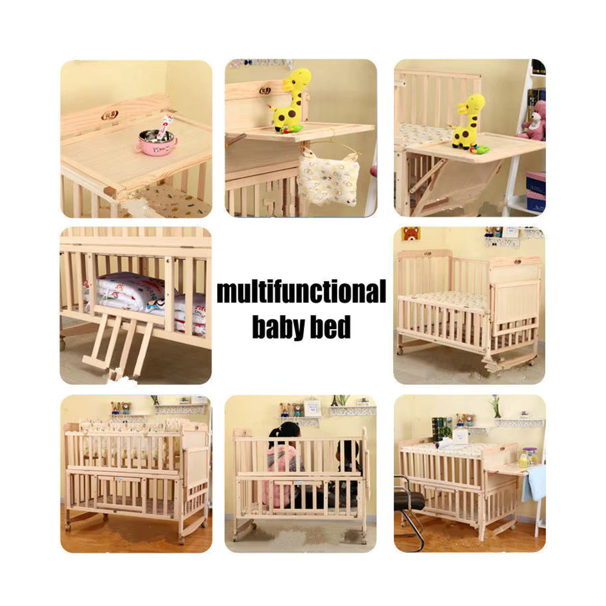 Multifunktionales 5-in-1 Babybett aus Kiefernholz in Natur im skandinavischen Design, umwandelbar als Schaukelbett und Schreibtisch - Bild 2