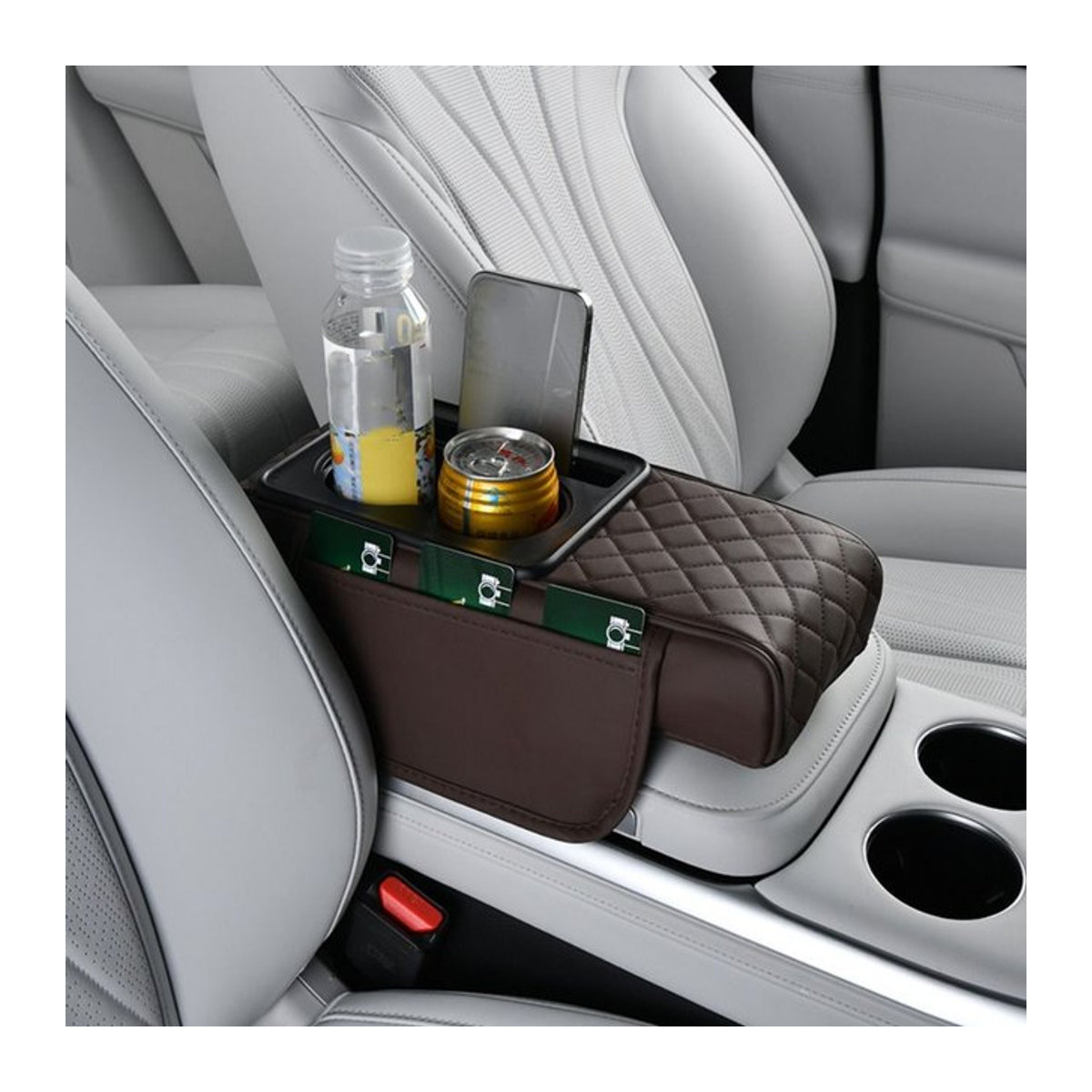 Multifunktionales Armlehnenkissen aus PU-Leder für dein Auto in Braun mit Getränkehalter und Aufbewahrungsbox - Bild 1