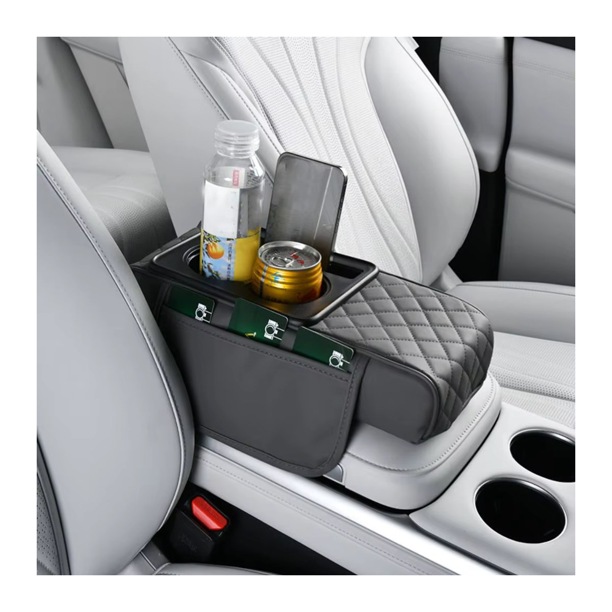 Multifunktionales Armlehnenkissen aus PU-Leder für dein Auto in Braun mit Getränkehalter und Aufbewahrungsbox - Bild 2