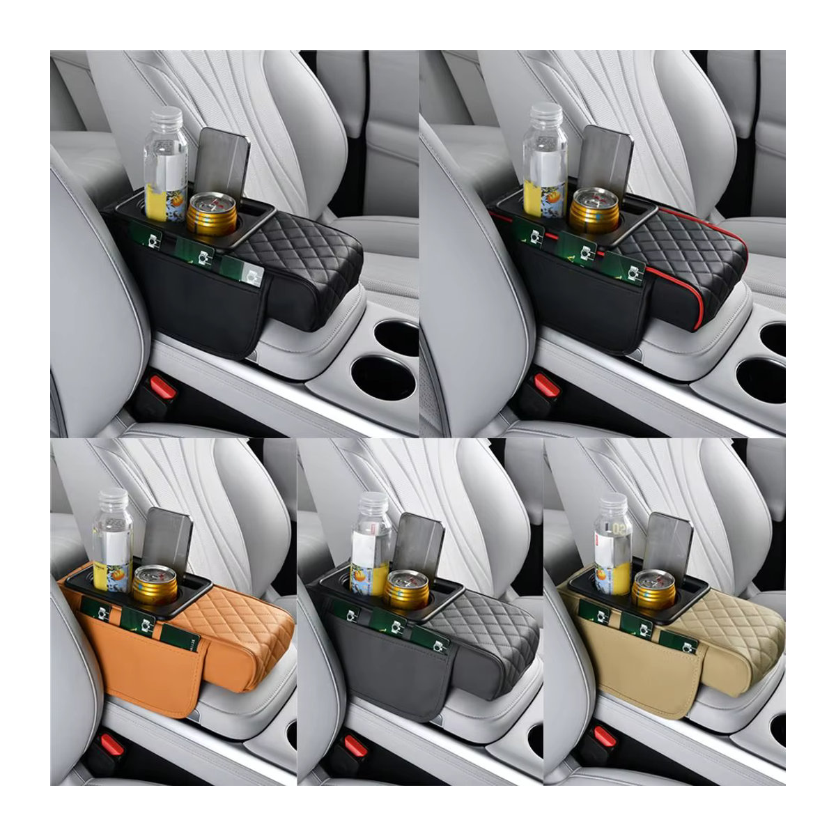 Multifunktionales Armlehnenkissen aus PU-Leder für dein Auto in Braun mit Getränkehalter und Aufbewahrungsbox - Bild 3