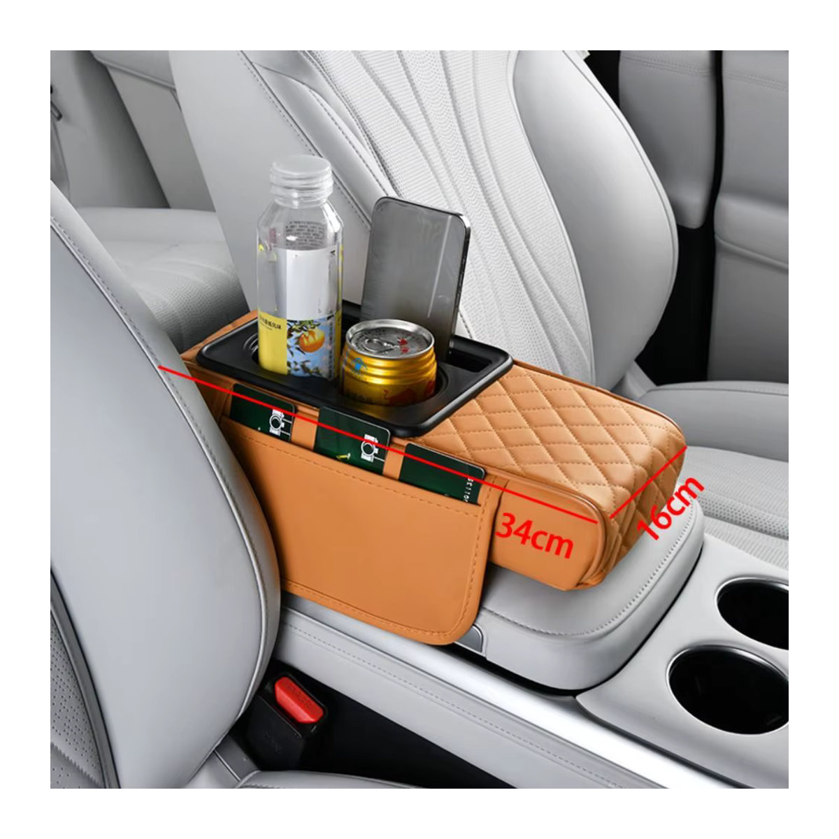 Multifunktionales Armlehnenkissen aus PU-Leder für dein Auto in Braun mit Getränkehalter und Aufbewahrungsbox - Bild 4