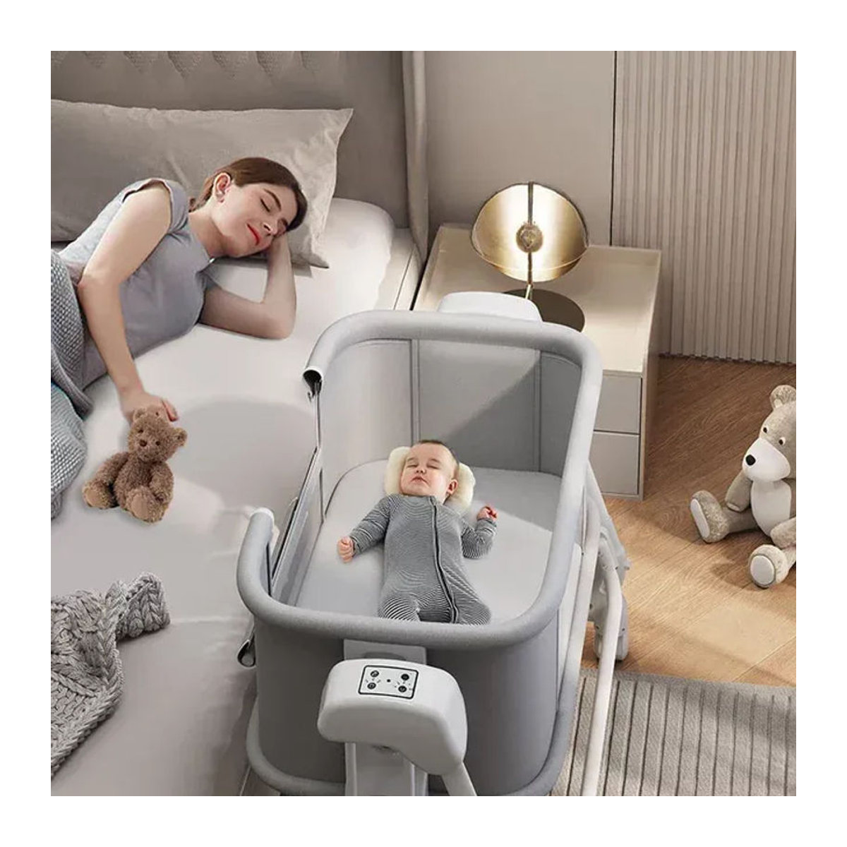 Multifunktionales klappbares Babybett für Neugeborene als Stubenwagen und Nachttisch in Beige oder Grau - Bild 1