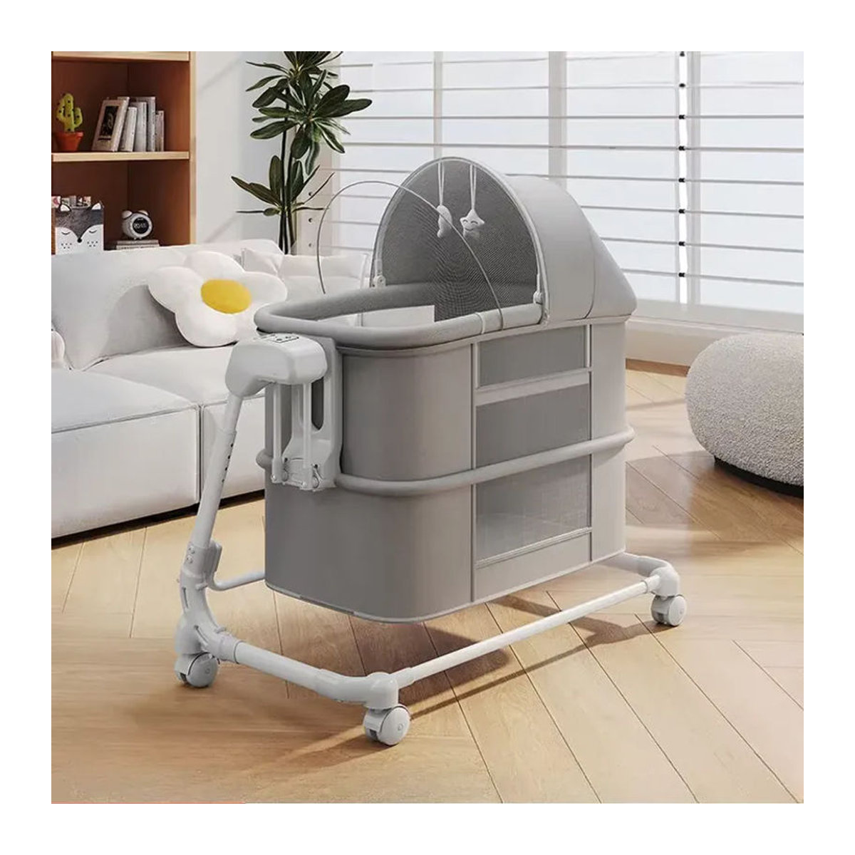 Multifunktionales klappbares Babybett für Neugeborene als Stubenwagen und Nachttisch in Beige oder Grau - Bild 6