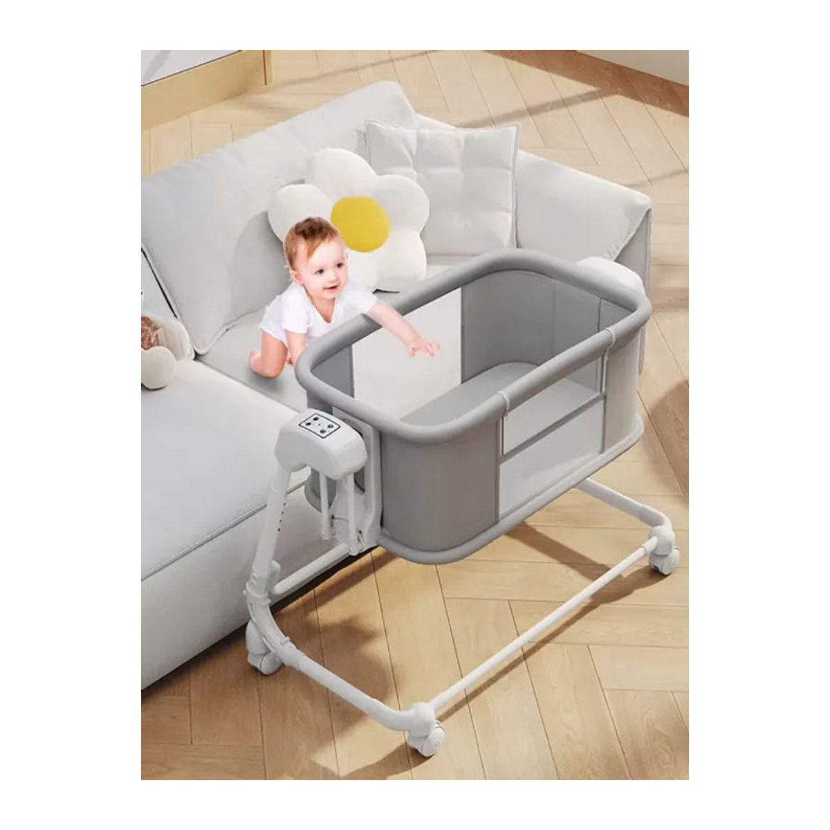Multifunktionales klappbares Babybett für Neugeborene als Stubenwagen und Nachttisch in Beige oder Grau - Bild 7