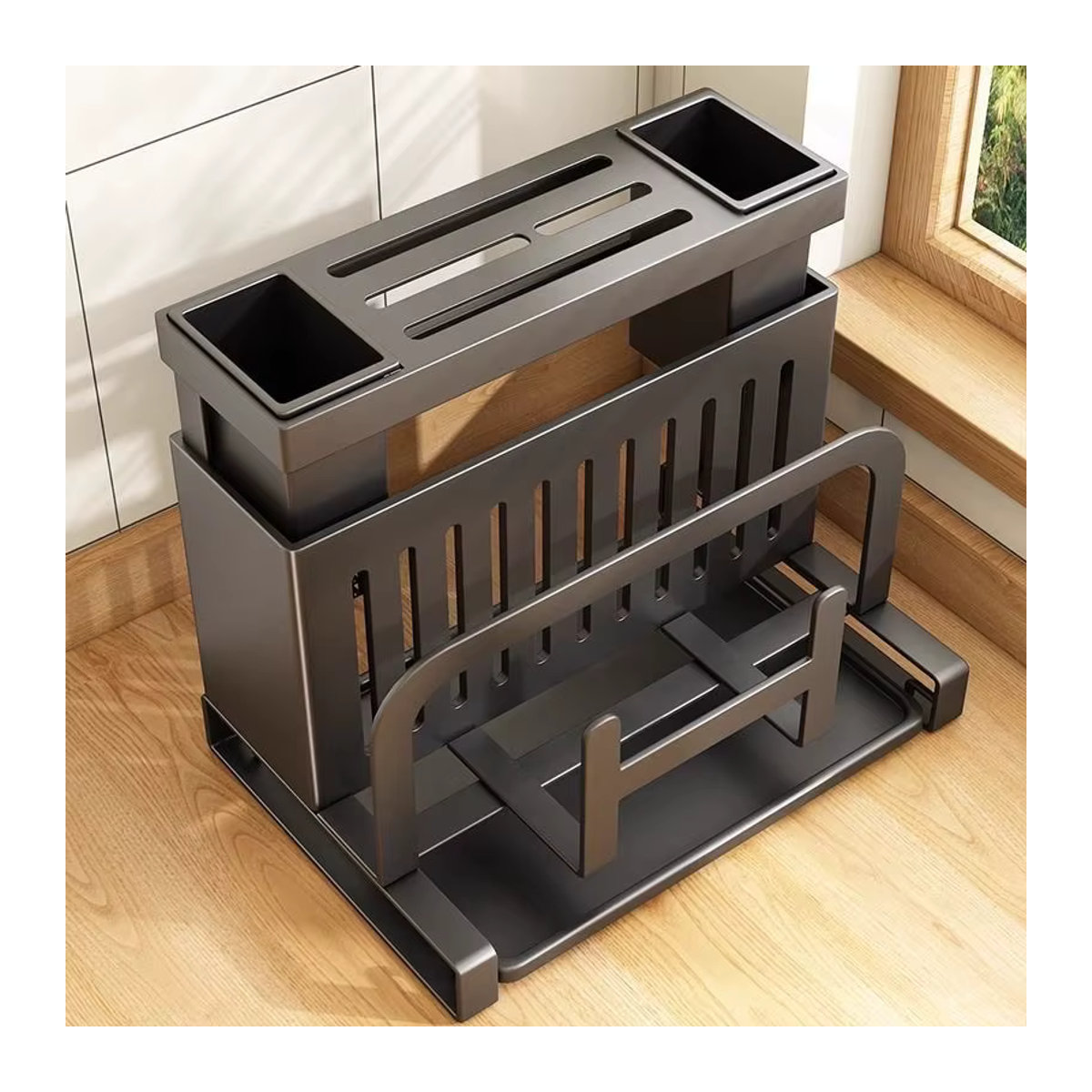 Multifunktionales Küchenmesserregal aus Metall und Kunststoff für Messer, Essstäbchen, Schneidebretter und Topfdeckel in Schwarz oder Grün - Bild 2