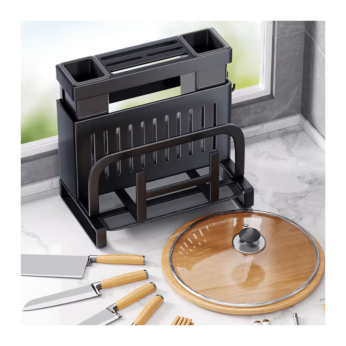 Multifunktionales Küchenmesserregal aus Metall und Kunststoff für Messer, Essstäbchen, Schneidebretter und Topfdeckel in Schwarz oder Grün - Bild 3