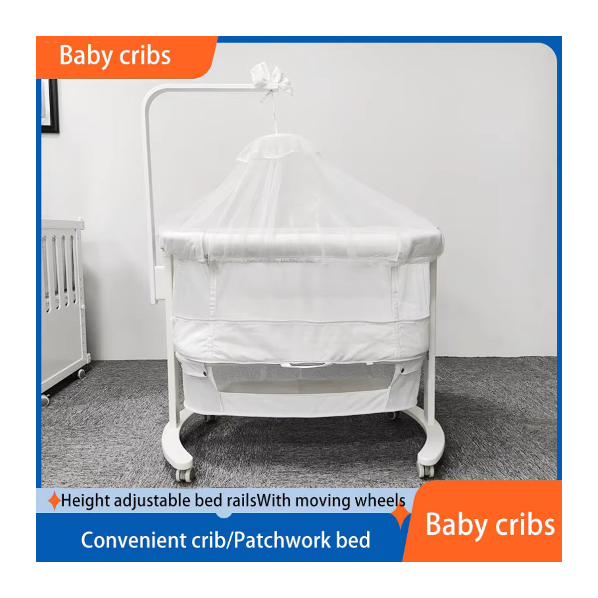 Multifunktionales Pakey Babybett aus Holz in Grün-Weiß, höhenverstellbar, faltbar und mobil mit Rollen - Bild 2