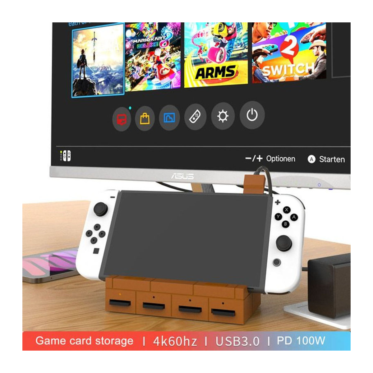 Multifunktions-Dockstation für Switch 2 mit HD 4K 60 Hz Ladeständer und Spielkartenaufbewahrung in Schwarz und Braun aus Kunststoff - Bild 1