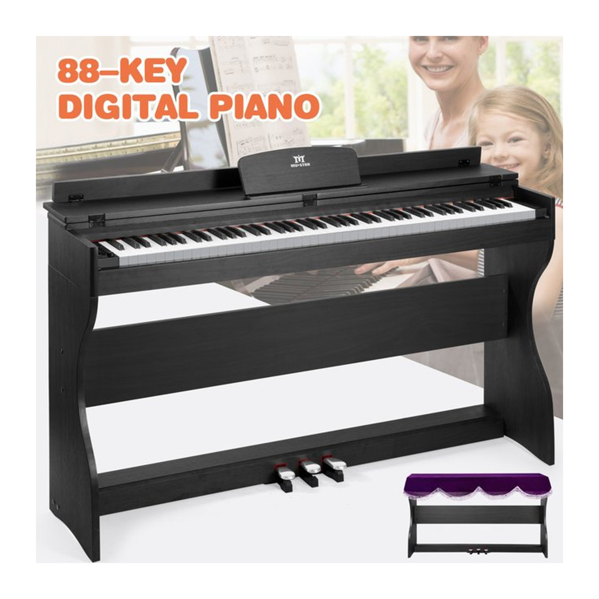 MUSTAR Digitalpiano 88 Tasten mit halbgewichteter Tastatur und 3 Pedalen, E-Piano Set in Schwarz Holzoptik - Bild 1