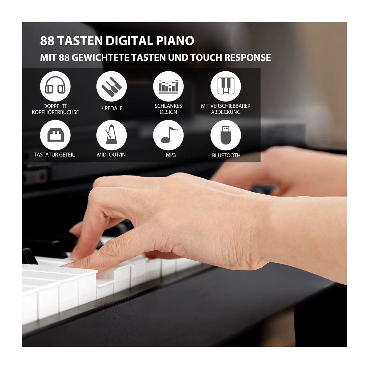 MUSTAR Digitalpiano 88 Tasten mit halbgewichteter Tastatur und 3 Pedalen, E-Piano Set in Schwarz Holzoptik - Bild 3