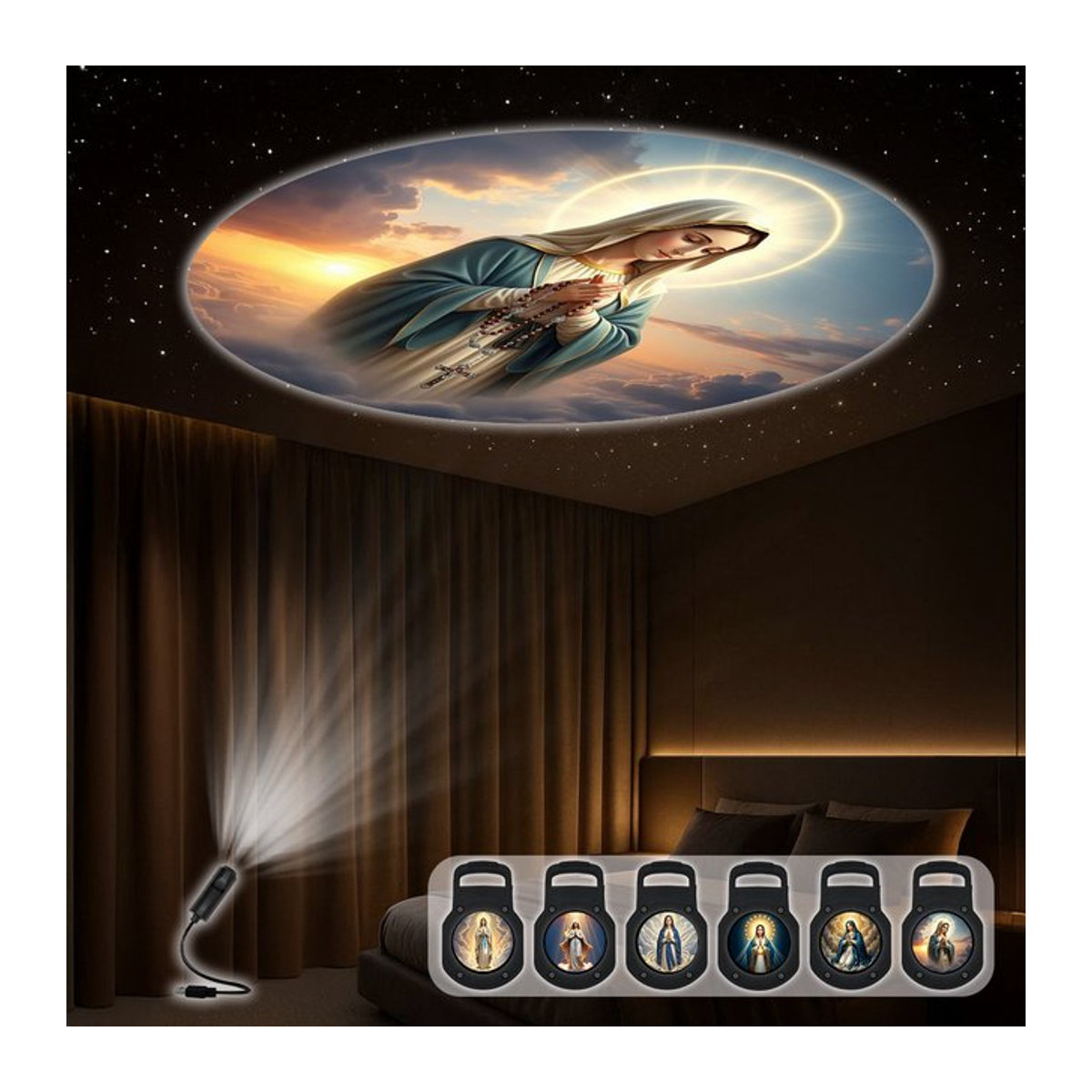 Musterprojektorlampe mit Jungfrau-Maria-Motiv in Schwarz mit sechs wählbaren Mustern - Bild 1