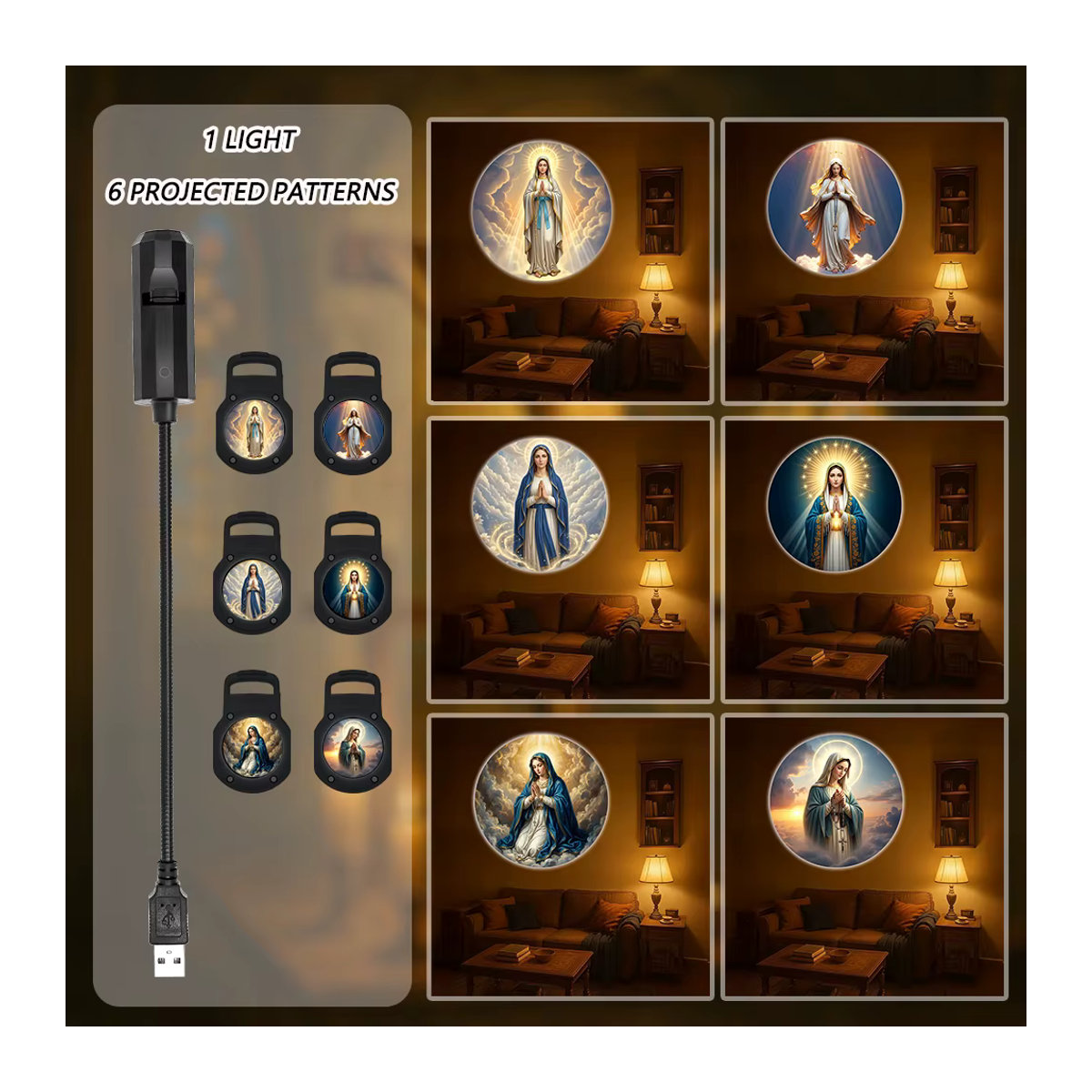 Musterprojektorlampe mit Jungfrau-Maria-Motiv in Schwarz mit sechs wählbaren Mustern - Bild 2