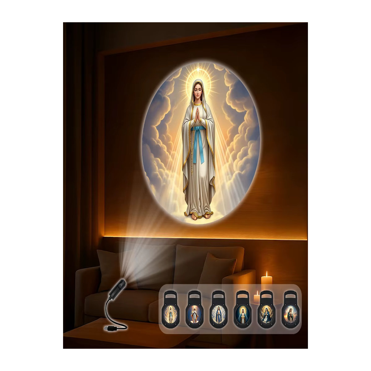 Musterprojektorlampe mit Jungfrau-Maria-Motiv in Schwarz mit sechs wählbaren Mustern - Bild 5
