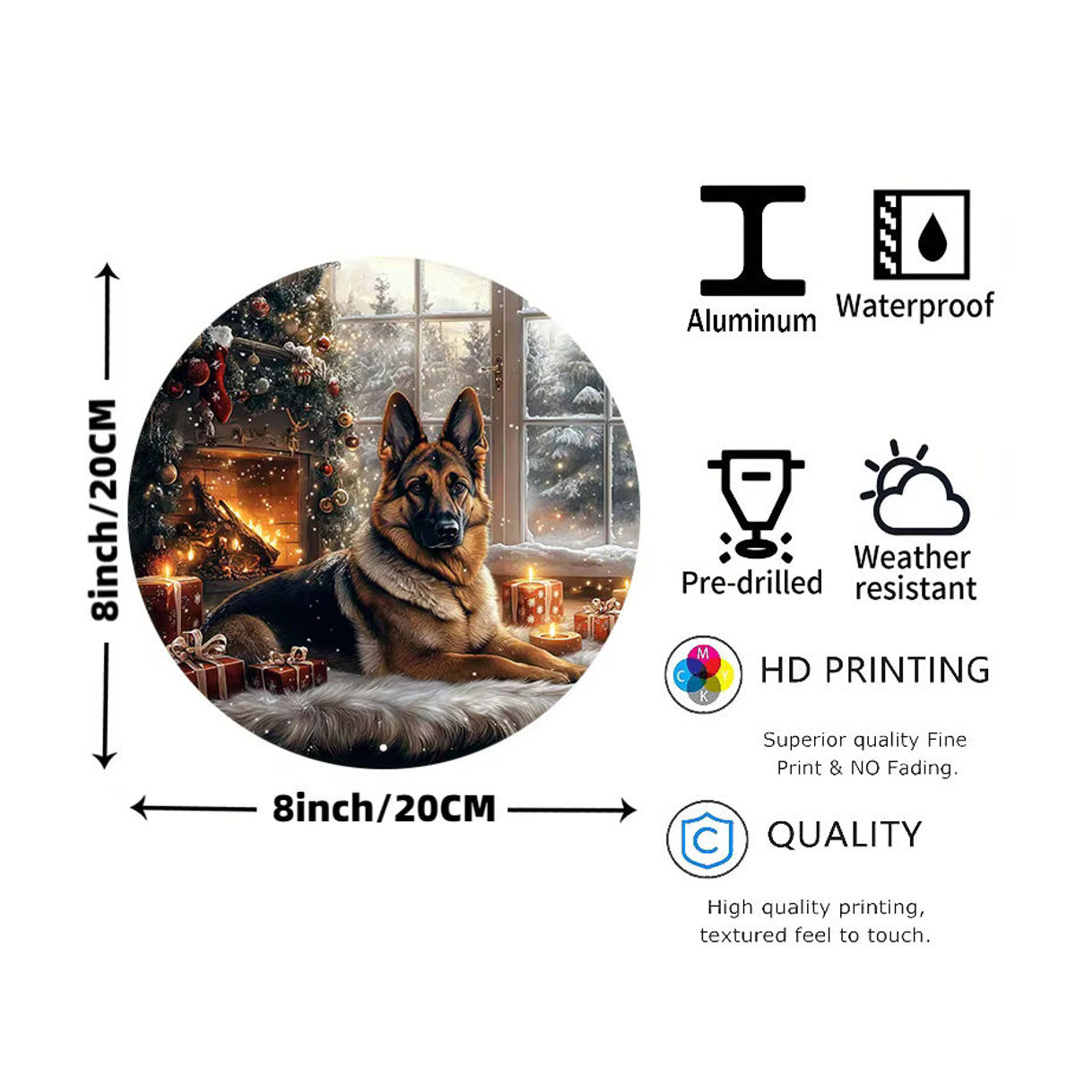 Muuto Vintage Wandkunst Deutscher Schäferhund mit Kamin als rundes Metallschild mit Tannenzapfen-Kranz-Design, Durchmesser: 20,32 cm, mehrfarbig - Bild 1