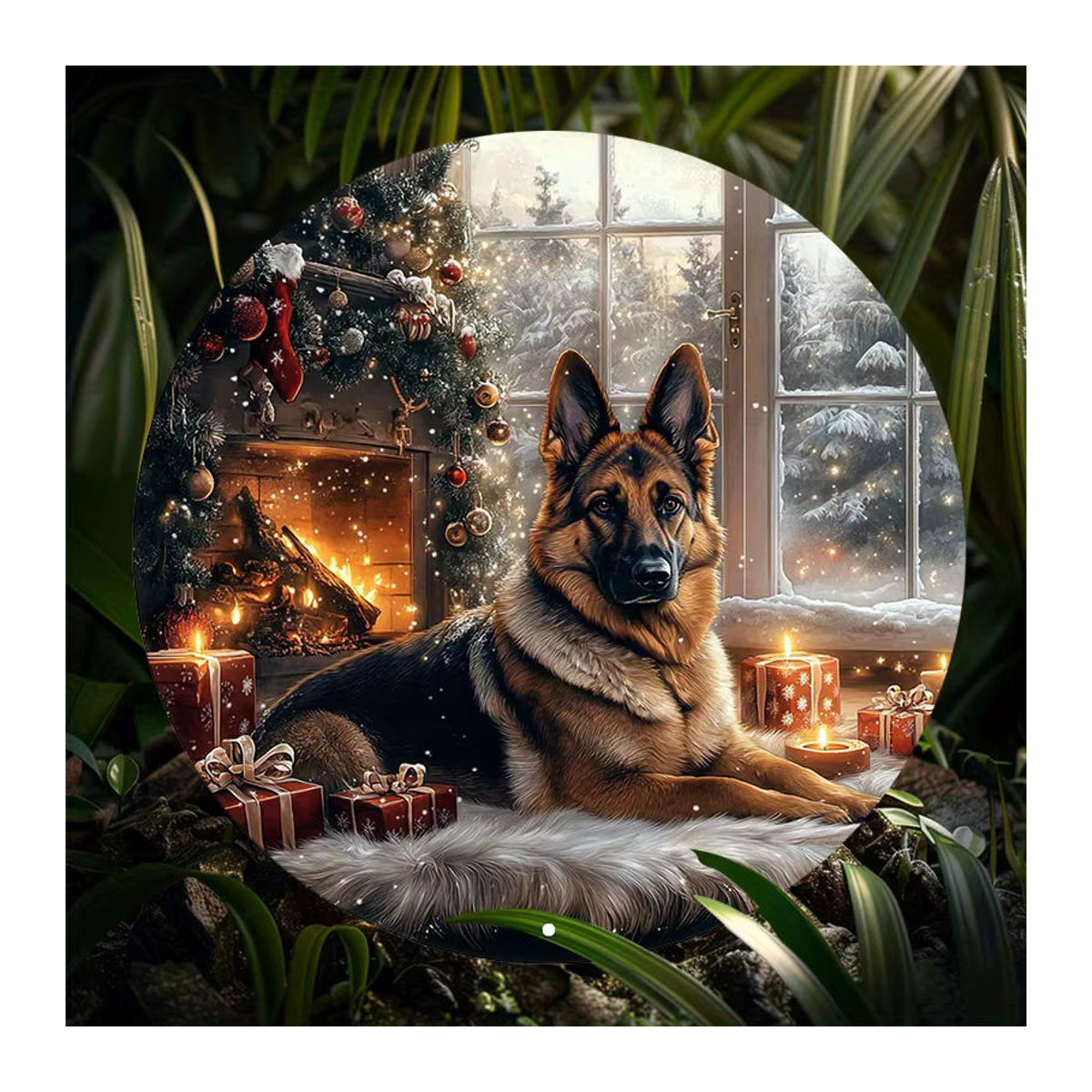 Muuto Vintage Wandkunst Deutscher Schäferhund mit Kamin als rundes Metallschild mit Tannenzapfen-Kranz-Design, Durchmesser: 20,32 cm, mehrfarbig - Bild 2