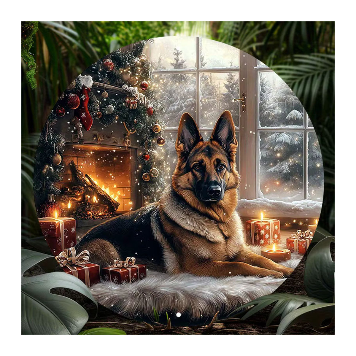 Muuto Vintage Wandkunst Deutscher Schäferhund mit Kamin als rundes Metallschild mit Tannenzapfen-Kranz-Design, Durchmesser: 20,32 cm, mehrfarbig - Bild 3