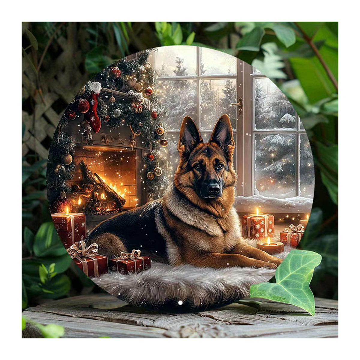 Muuto Vintage Wandkunst Deutscher Schäferhund mit Kamin als rundes Metallschild mit Tannenzapfen-Kranz-Design, Durchmesser: 20,32 cm, mehrfarbig - Bild 4