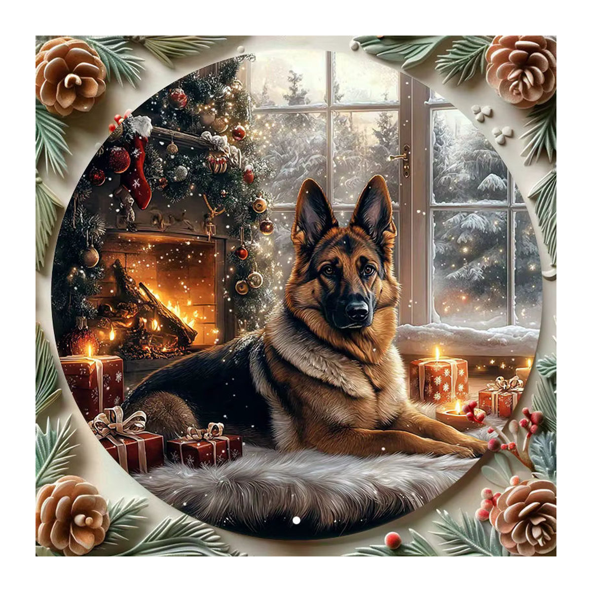 Muuto Vintage Wandkunst Deutscher Schäferhund mit Kamin als rundes Metallschild mit Tannenzapfen-Kranz-Design, Durchmesser: 20,32 cm, mehrfarbig - Bild 5