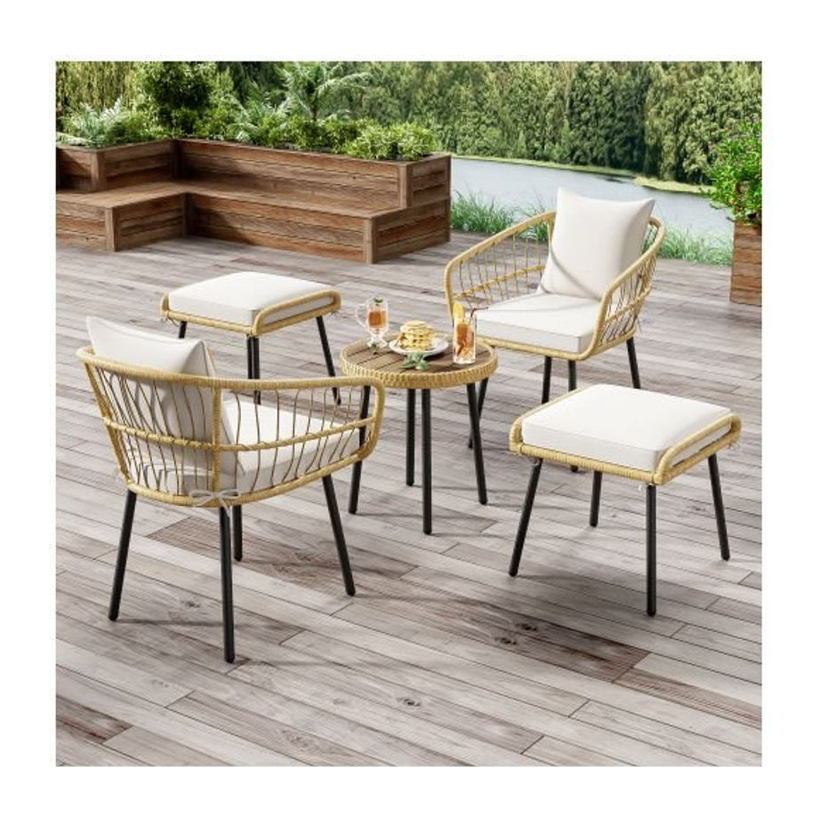 MUVOE 5-teiliges Gartenmöbel-Set aus Polyrattan und Metall in Natur, Schwarz und Beige - Bild 1