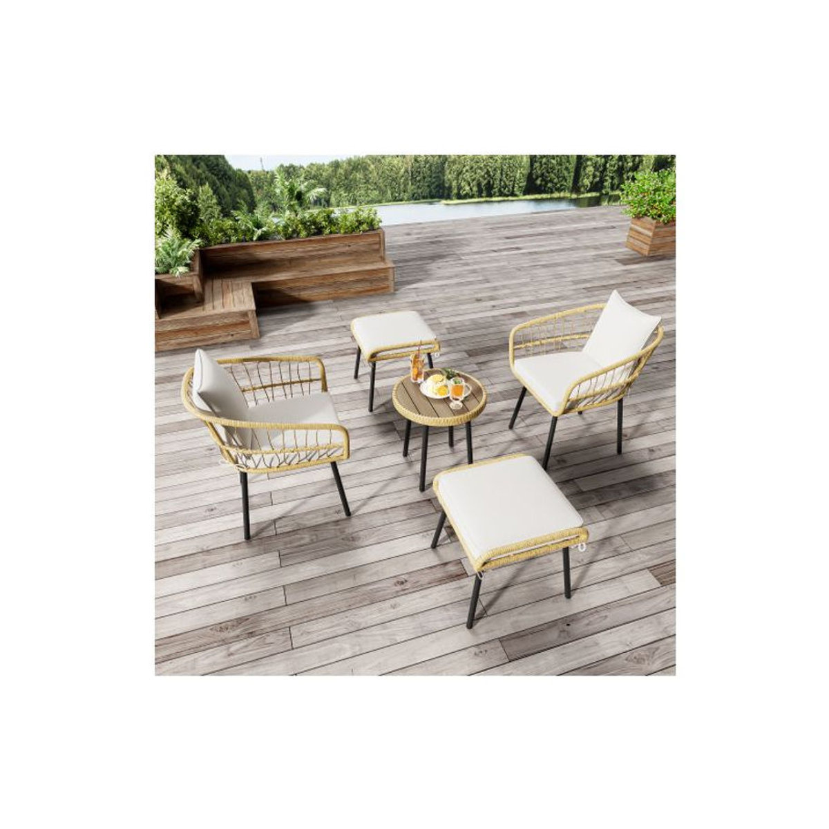 MUVOE 5-teiliges Gartenmöbel-Set aus Polyrattan und Metall in Natur, Schwarz und Beige - Bild 2