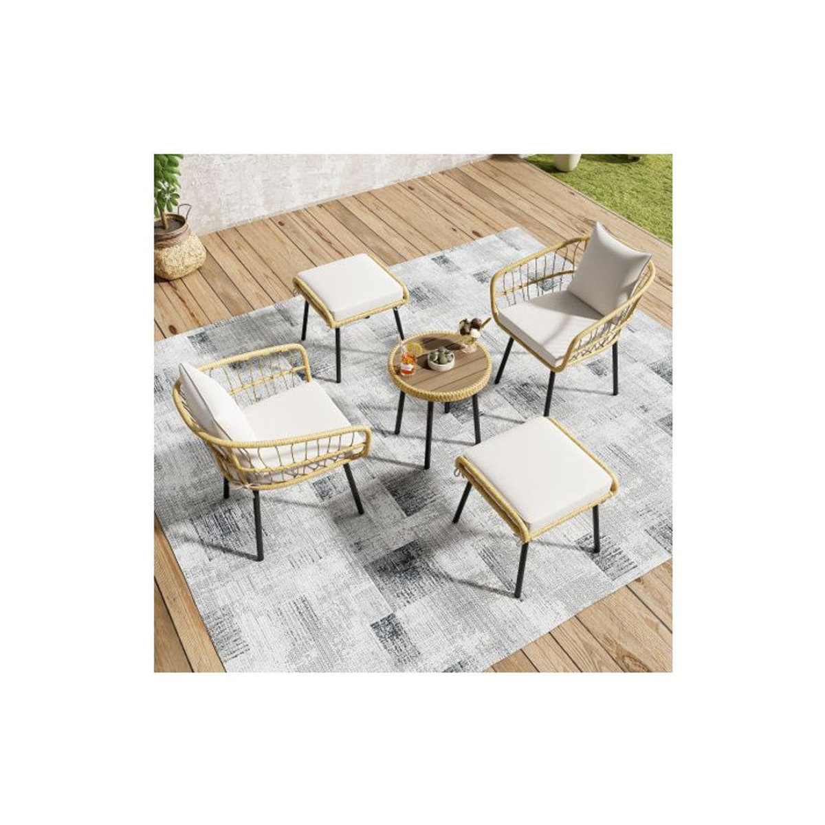 MUVOE 5-teiliges Gartenmöbel-Set aus Polyrattan und Metall in Natur, Schwarz und Beige - Bild 3