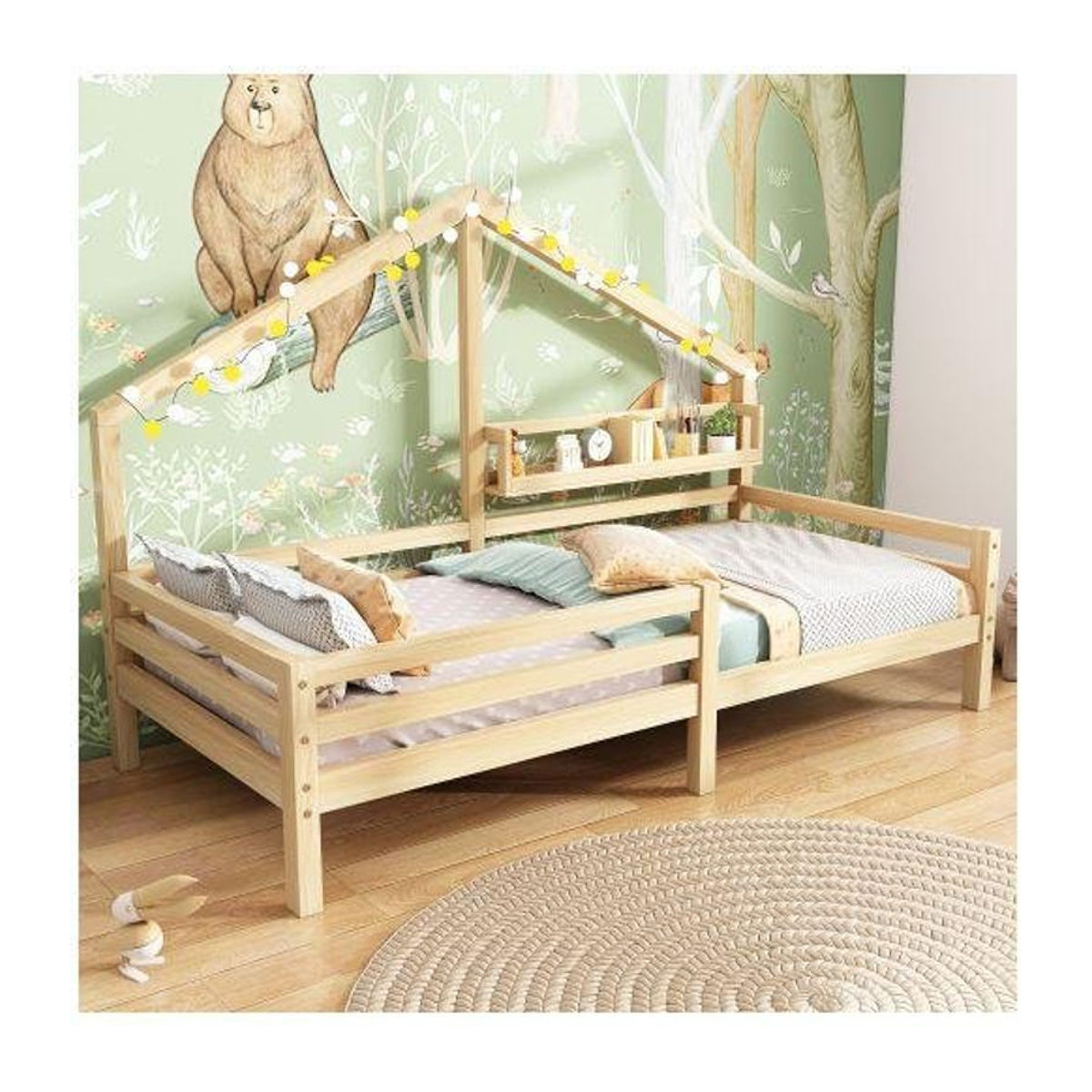 MUVOE Kinderbett aus Massivholz mit Regal im skandinavischen Design, Farbe Natur, B/T/H: 200 x 90 cm - Bild 1