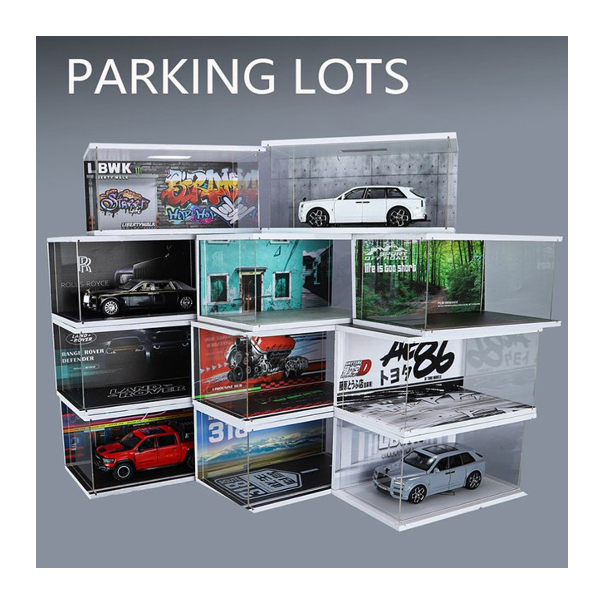 Muwanzhi Diorama 1/2 AE86 Garage aus Kunststoff als transparente Spielzeugvitrine und Miniatur-Parkplatzszene für Druckguss-Modellautos - Bild 1