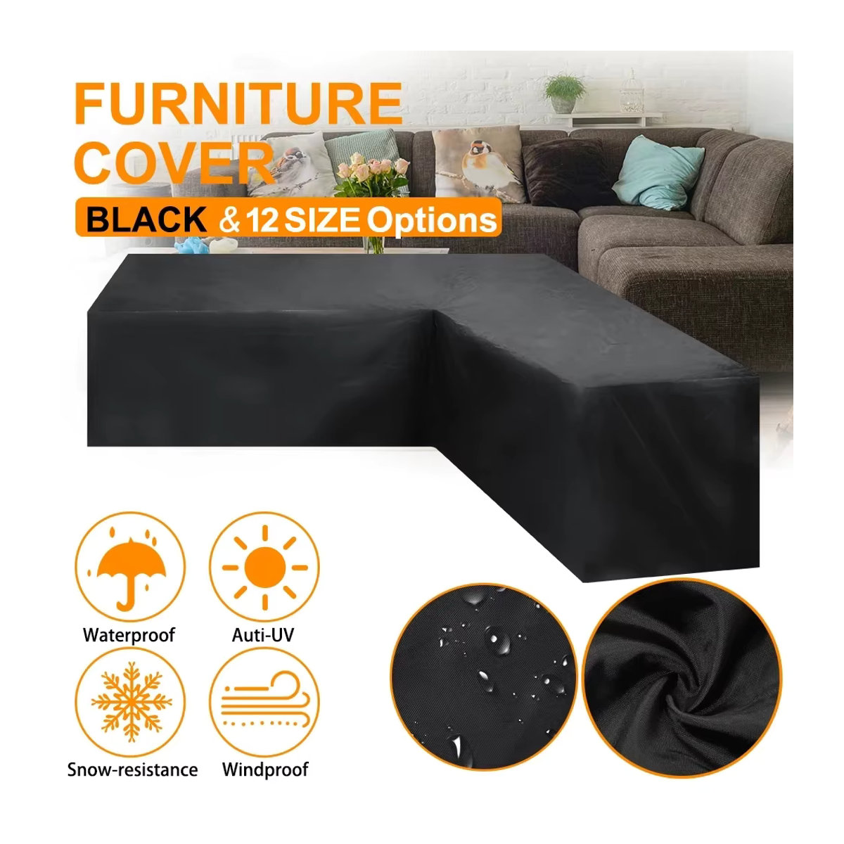 MY·BAKERMAN L-förmige Outdoor-Sofaabdeckung aus robustem 210D Oxford-Gewebe in Schwarz - Bild 6