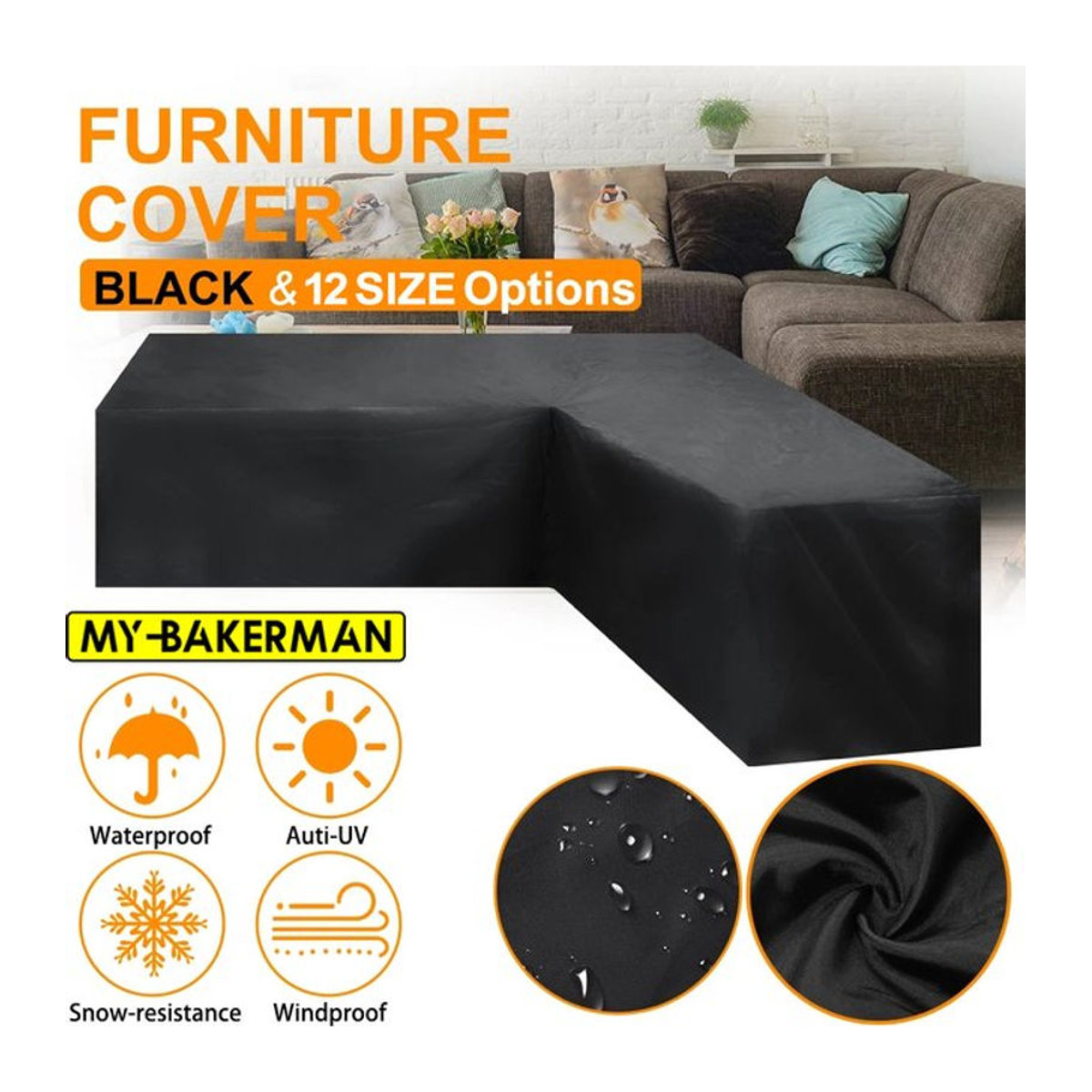 MY·BAKERMAN Wasserdichte L-Form Rattan Ecksofa Abdeckung für Garten und Terrasse in Schwarz - Bild 1
