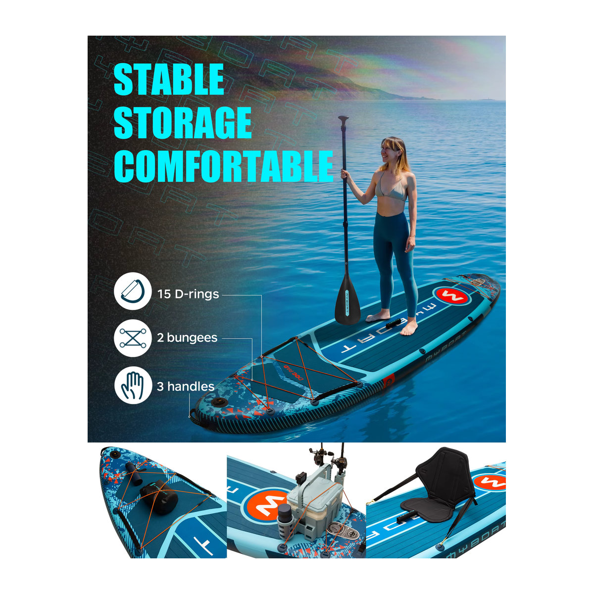 Myboat Aufblasbares Stand-Up Paddle Board extra breit in Blau mit Zubehör für Angler und Erwachsene - Bild 3
