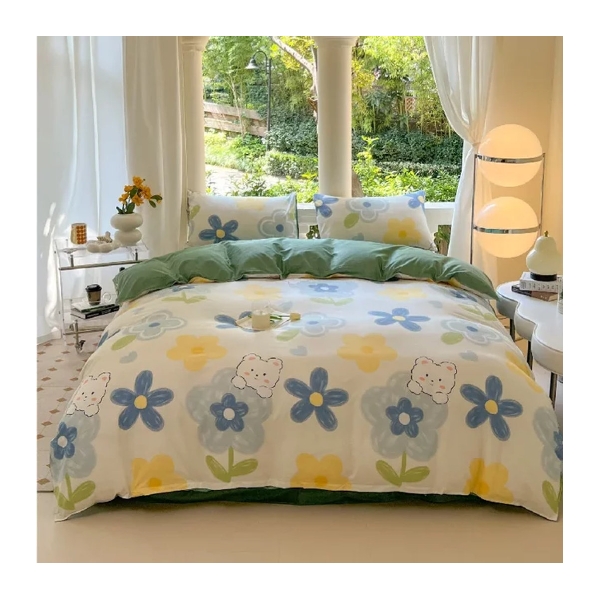 Mystybloom Bettwäsche Set mit Kawaii Hund und Blumenprint in Weiß - Bild 1