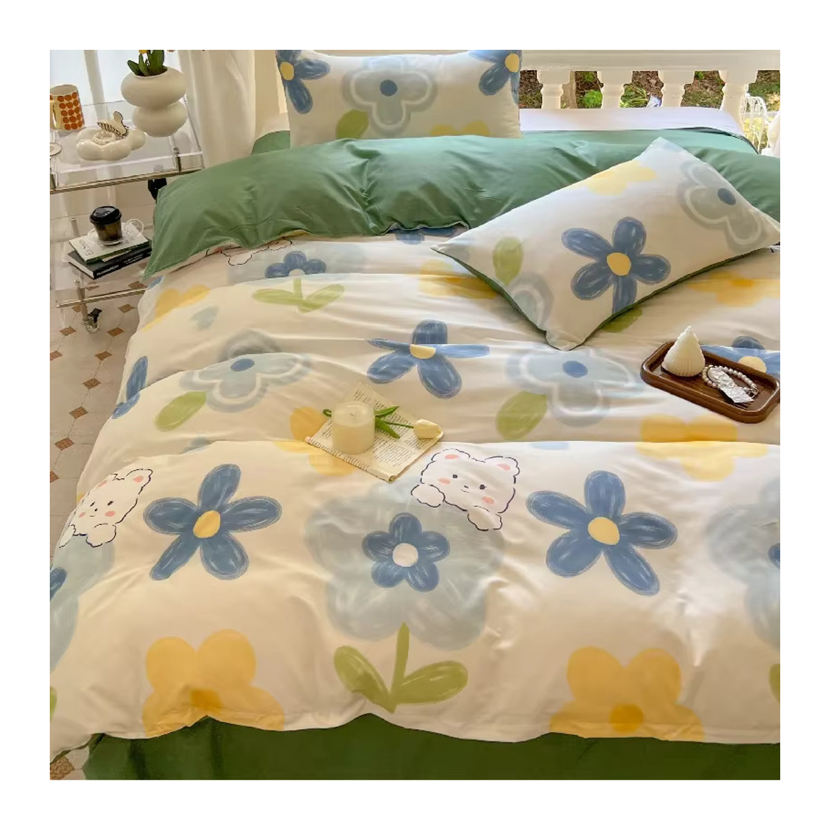 Mystybloom Bettwäsche Set mit Kawaii Hund und Blumenprint in Weiß - Bild 2