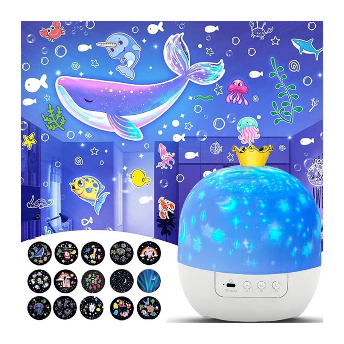 Mzvul Krone Stern Licht Projektion Rotierende Nachtlampe mit Filmblättern in Weiß für Schlafzimmer und Kinderzimmer - Bild 1