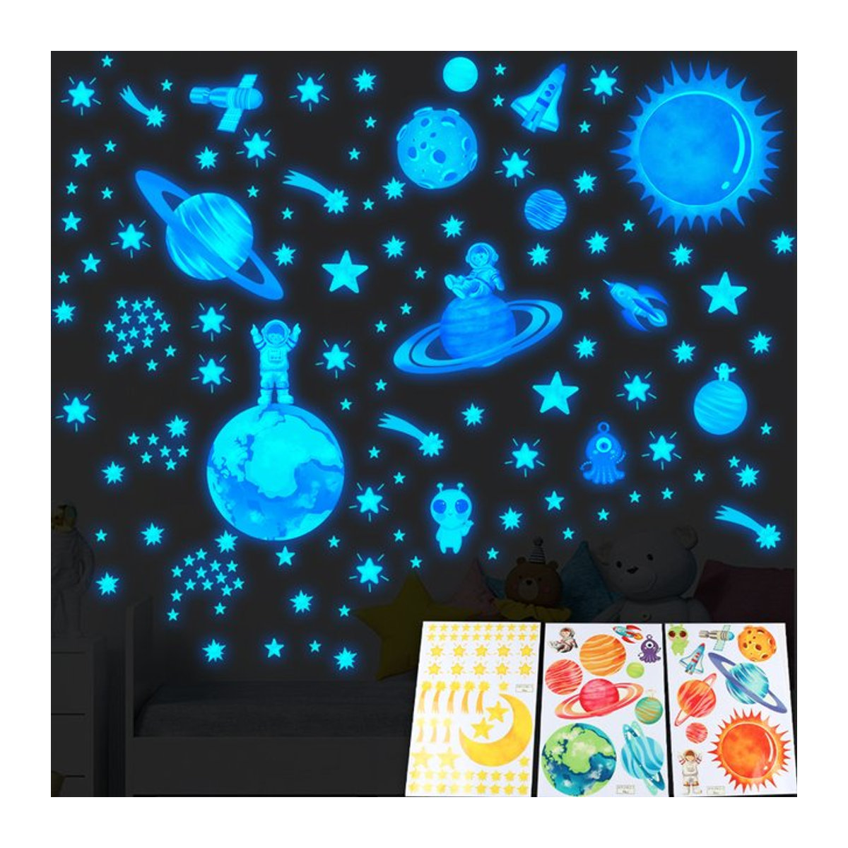 Nachtleuchtende Mond und Sterne Wandaufkleber für Kinderzimmer und Schlafzimmer in Grün und Blau - Bild 1