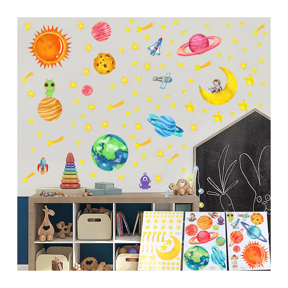 Nachtleuchtende Mond und Sterne Wandaufkleber für Kinderzimmer und Schlafzimmer in Grün und Blau - Bild 2