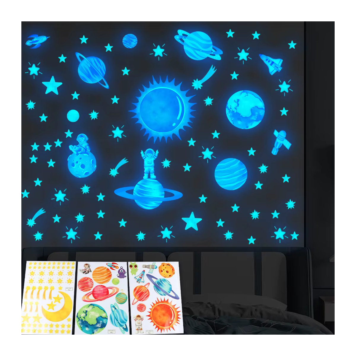 Nachtleuchtende Mond und Sterne Wandaufkleber für Kinderzimmer und Schlafzimmer in Grün und Blau - Bild 3