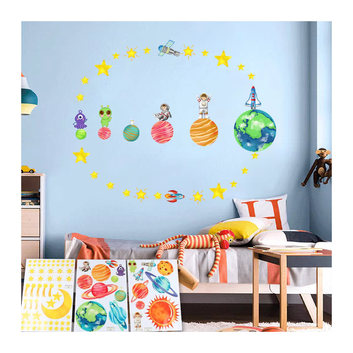 Nachtleuchtende Mond und Sterne Wandaufkleber für Kinderzimmer und Schlafzimmer in Grün und Blau - Bild 4