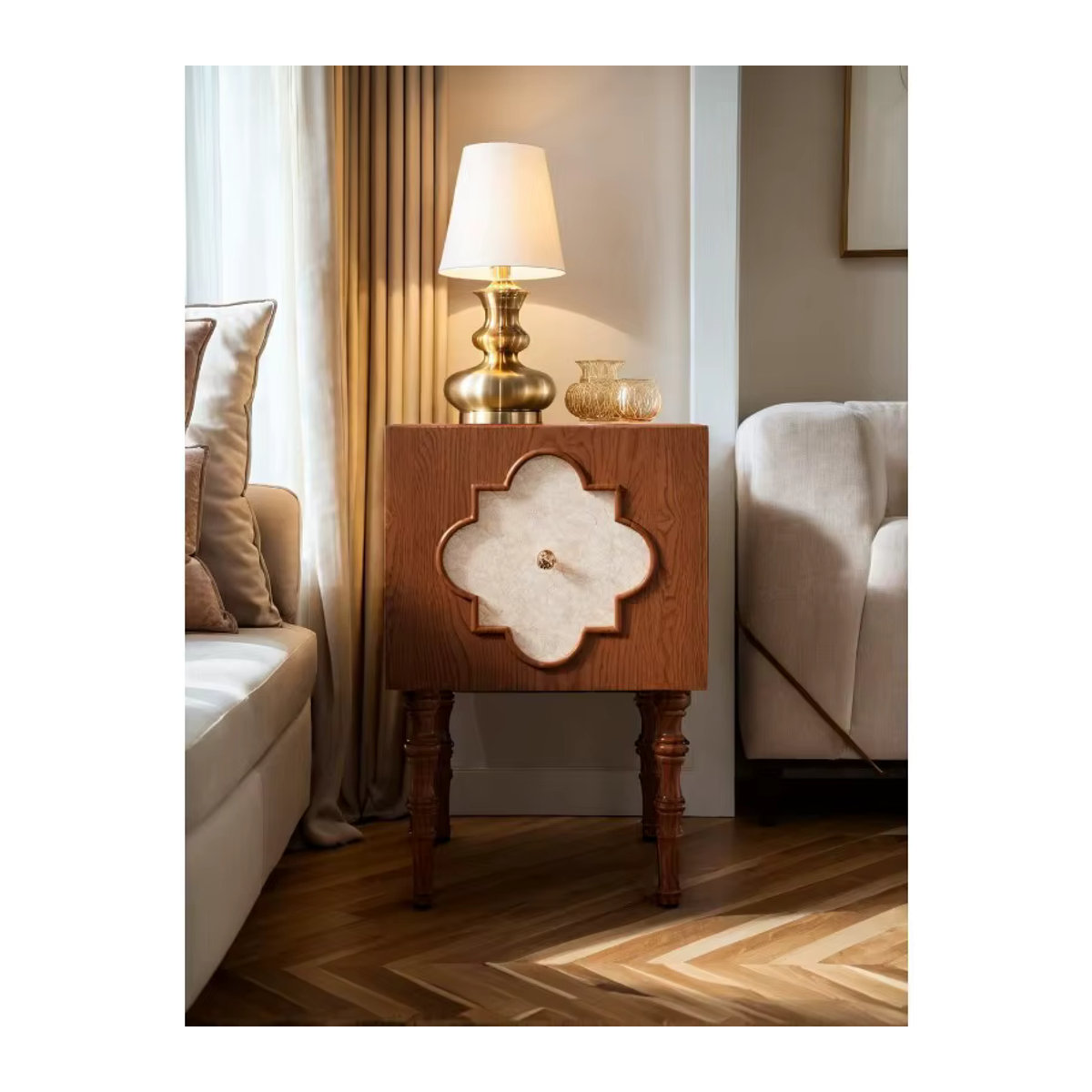 Nachttisch aus Eschenholz in Braun mit floralem Kleeblatt-Design im Art-Deco-Stil - Bild 5
