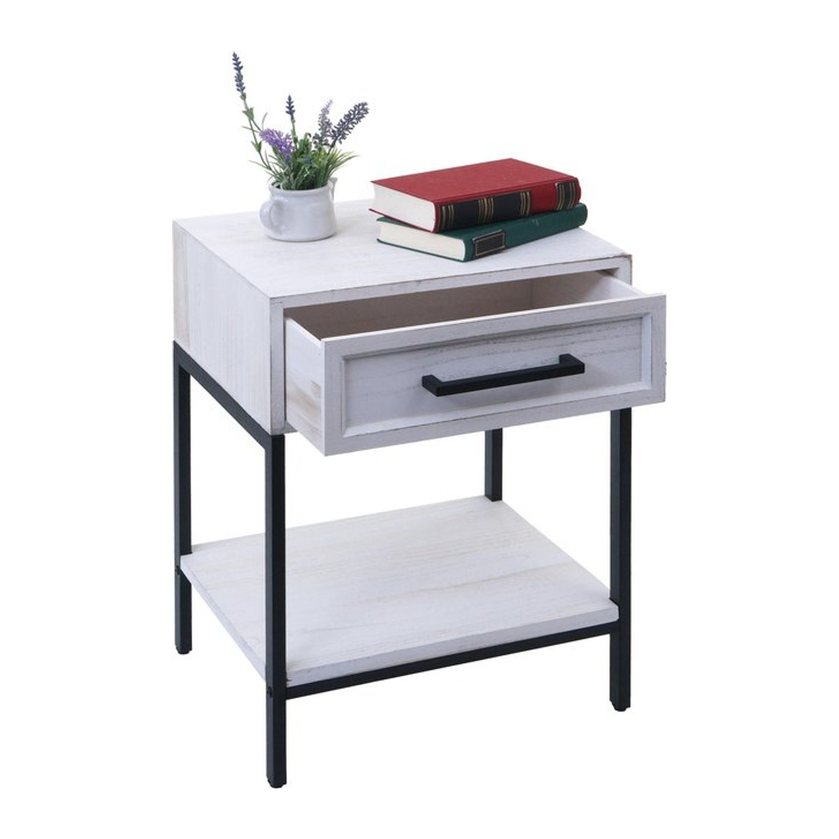 Nachttisch MCW-N91 aus Paulownia Holz in Weiß im Shabby-Look mit Schublade, B/T/H: 59 x 43 x 36 cm - Bild 1