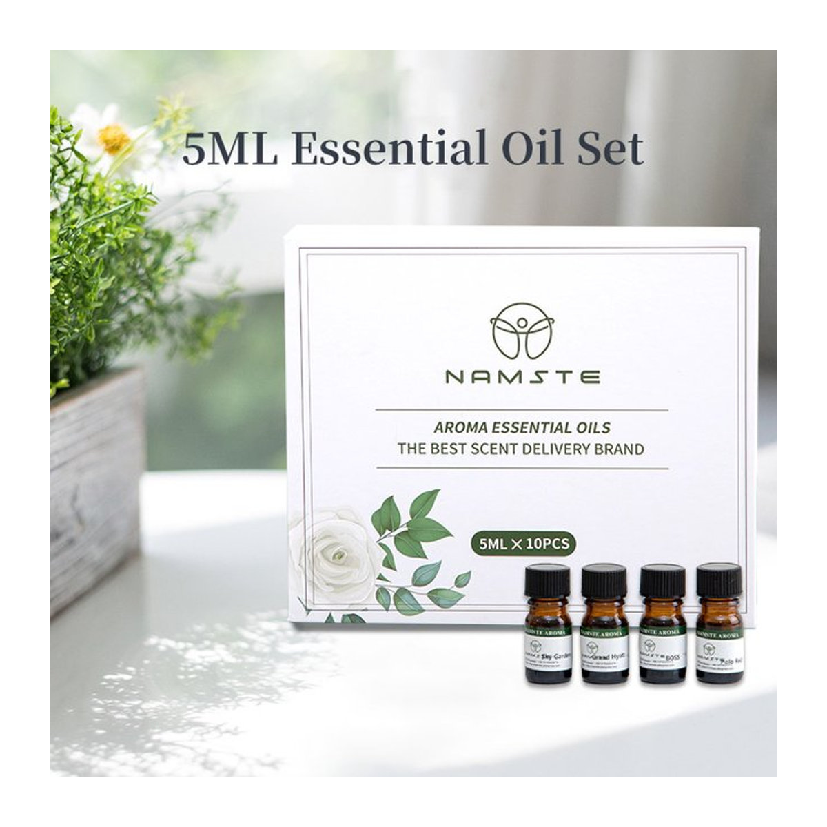 NAMSTE Ätherisches Öl Set mit 10 Flaschen à 5 ml in Weiß für Aromatherapie und Diffusor, floraler Duft in Glasflaschen - Bild 1
