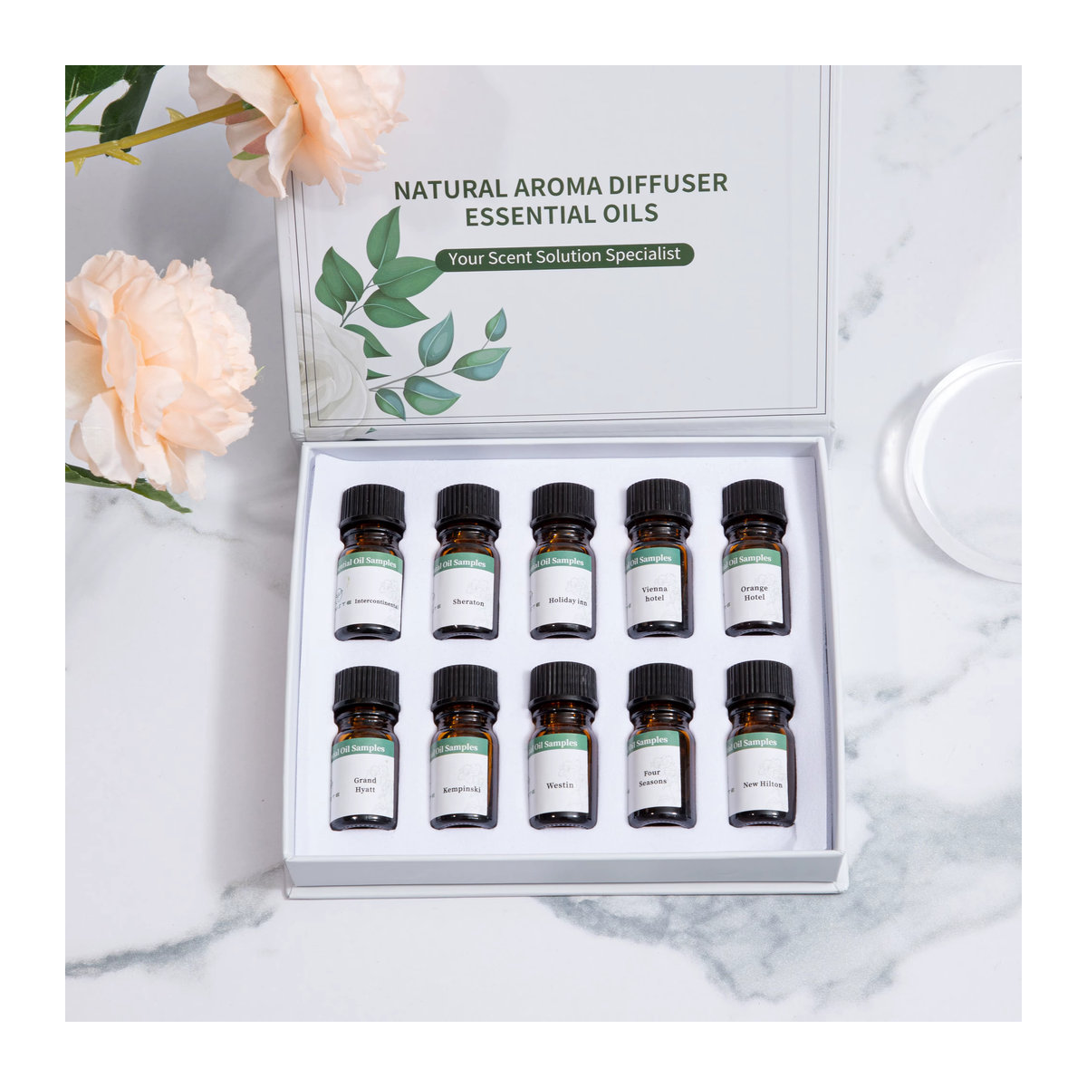 NAMSTE Ätherisches Öl Set mit 10 Flaschen à 5 ml in Weiß für Aromatherapie und Diffusor, floraler Duft in Glasflaschen - Bild 2