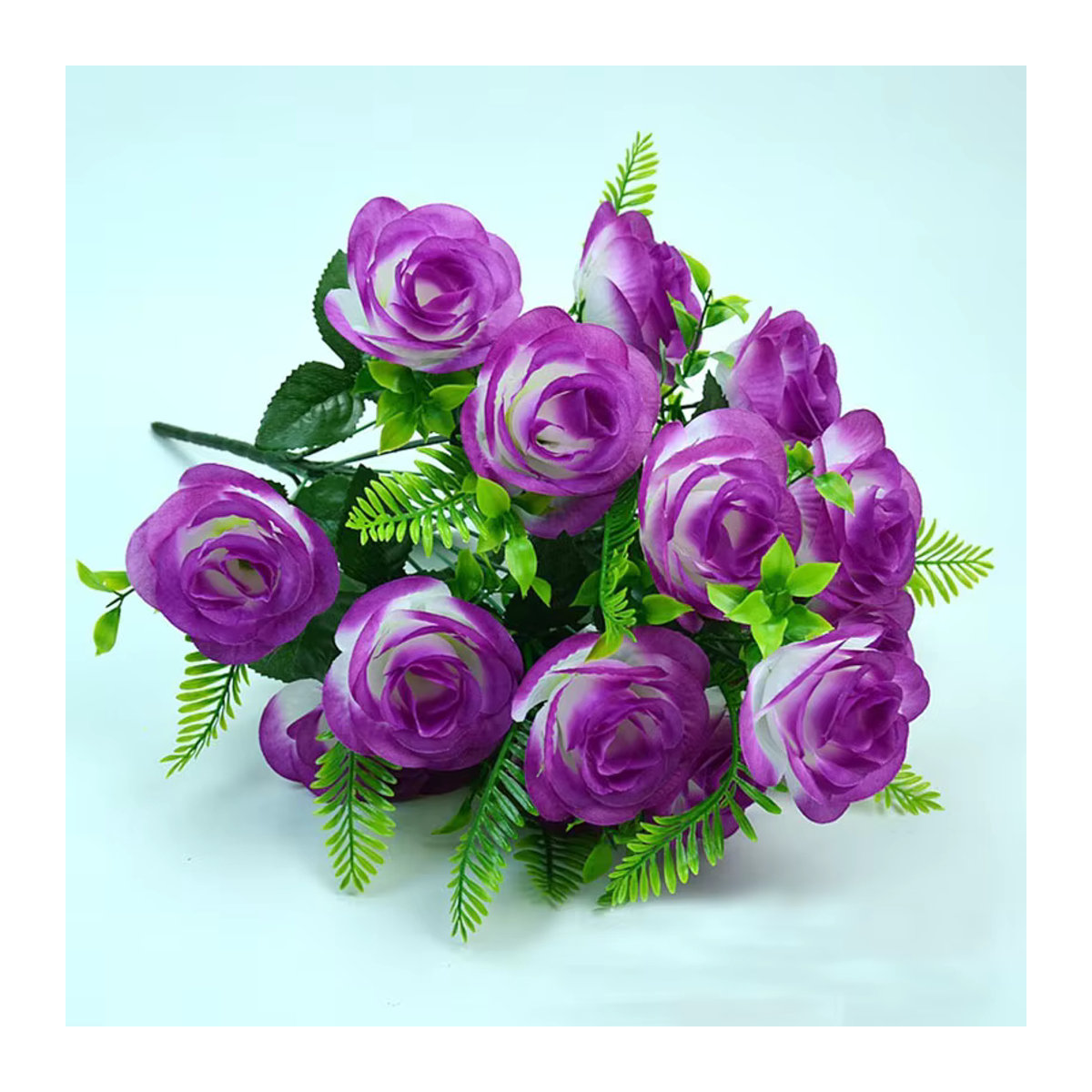 NANDI Künstlicher Blumenstrauß mit 18 Rosen und Pfingstrosen in Rosa und Lila aus Textil - Bild 1